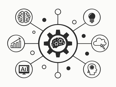 AI Productivity Technology Symbol Set premium minimalist black vector icons combining AI brain, automation gear, chatbot, workflow chart, smart assistant, neural network, cloud intelligence, digital t