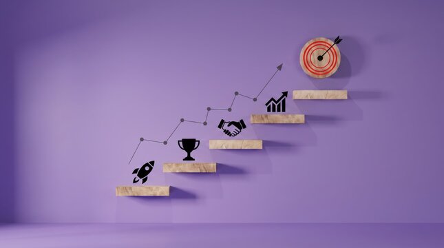Conceptual image of wooden stairs ascending with icons representing startup launch, achievement trophy, partnership handshake, financial growth chart, and target bullseye