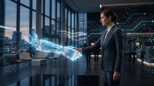 Human hand shaking hands with a glowing robotic arm, symbolizing collaboration between artificial intelligence and humanity, future of work, automation, and advanced robotics