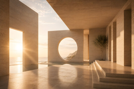 Luxury Minimalist Travertine Courtyard with Circular Stone Portal and Ocean View at Golden Sunset