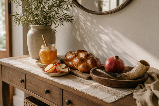 Rosh Hashanah table with honey jar, challah, shofar, apple slices, and pomegranate, holiday celebration