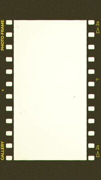 Vertical vintage 35mm film frame overlay featuring authentic sprocket holes, text graphics like "Gallery" and "Photo Frame," retro dust, and subtle chromatic aberration. This analog camera matte 