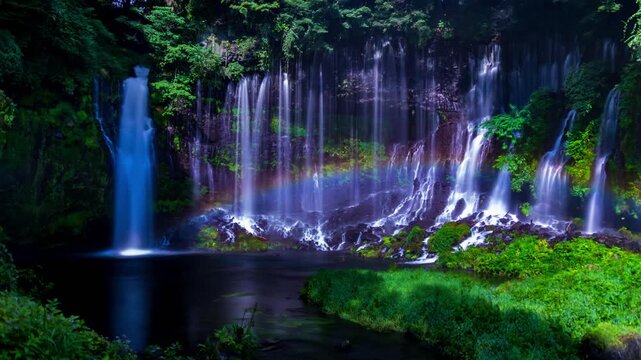 富士宮市白糸滝に満月に照らされてかかる月虹Timelapse