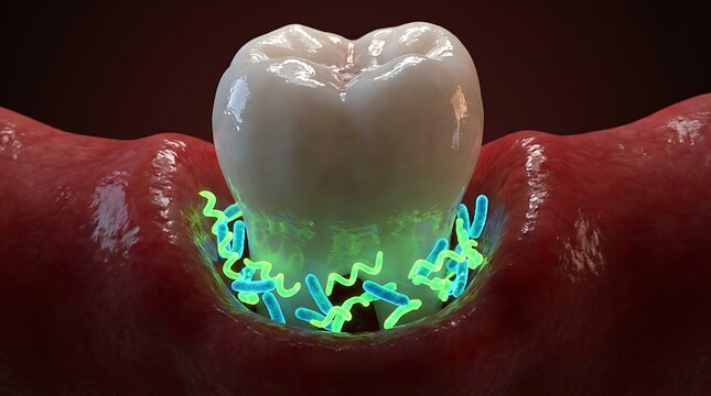 Detailed medical 3d render of human molar tooth affected by glowing colorful pathogens depicting oral disease development and plaque growth for professional dental education tools.