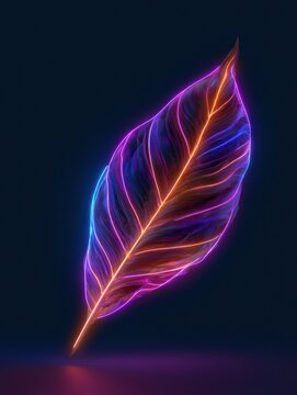 A single leaf shines with intense neon colors against a dark setting. The bright colors create a vibrant and energetic feel.