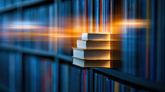 Stacked books on shelf, glowing light trails, blurred library background