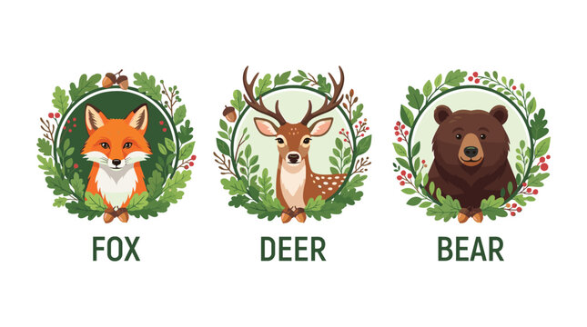 Woodland forest animals fox deer bear