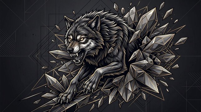 Ferocious Wolf Breaking Through Sharp Crystal Shards on Dark Geometric Background Powerful Wildlife Digital Illustration with Dramatic Metallic Style