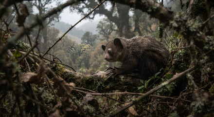 Fototapeta premium Ayeaye lemur perched on a mossy tree branch in a misty, dense tropical forest