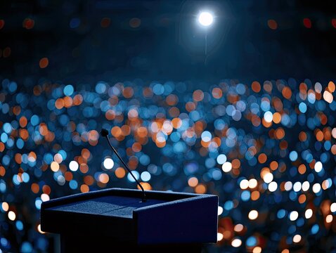 Empty podium and microphone under spotlight, blurred crowd in dark, illuminated hall