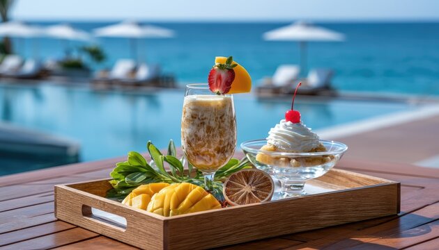 Tropical resort poolside treats mango, dessert, and drink