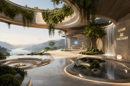 Futuristic AI Sanctuary with Luxury Biophilic Architecture Overlooking Serene Mountain Lake