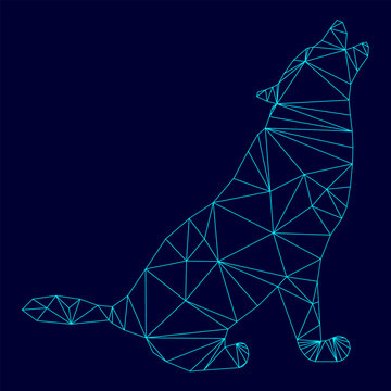 Silhouette of the wolf low poly triangulation triangulated polygonal electric cyan blue vibrant aqua neon color outline contour line