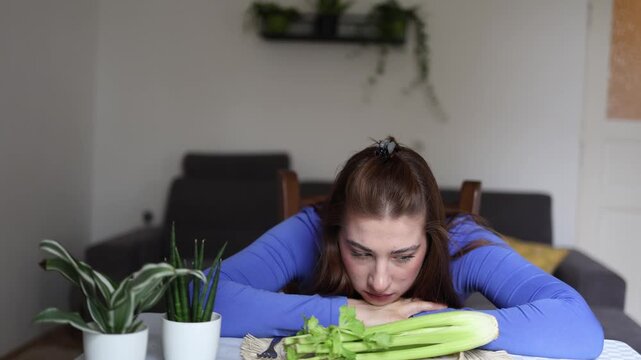 Anorexia and eating disorder trap young woman in endless calorie obsession as fear of food overpowers hunger leaving her emotionally exhausted every single day