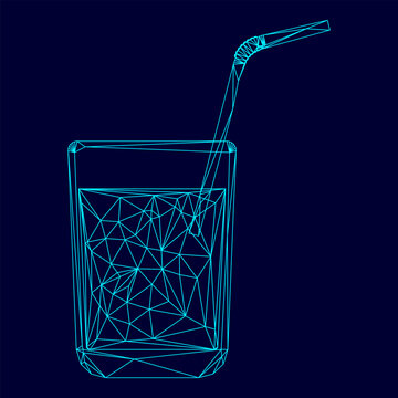 Juice glass with drinking straw low poly triangulation triangulated polygonal electric cyan blue vibrant aqua neon color outline contour line