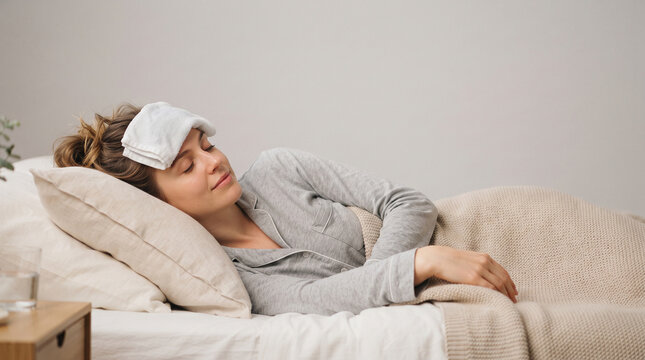 A woman lying in bed with a white cloth on her forehead as a cold compress to treat a fever ad social media download thambnail poster web template event festival 2026 2027 2028