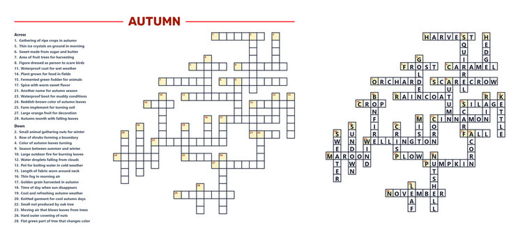 Autumn themed crossword puzzles with clues and solutions  