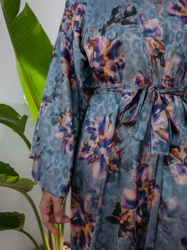 Close up of elegant woman wearing luxury kimono robe