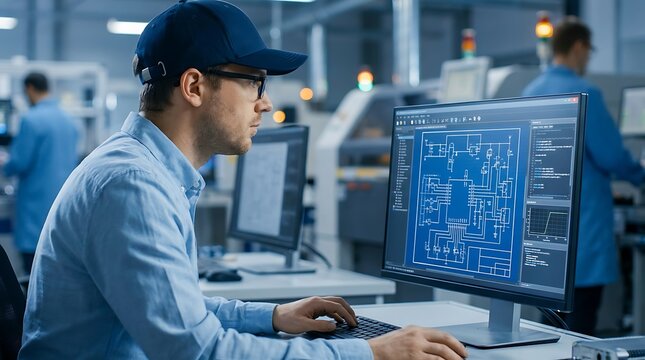 Engineer using computer to analyze complex electrical schematic diagram with circuit board blueprints on screen for advanced technology development and research.