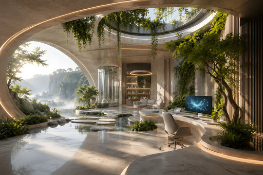 Luxury Futuristic Biophilic Workspace with Organic Architecture and Mountain Landscape
