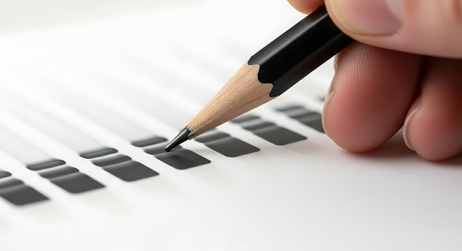 Close up of a hand holding a black pencil over a grid pattern.