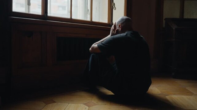 Depressed man sitting on the floor in a dark room