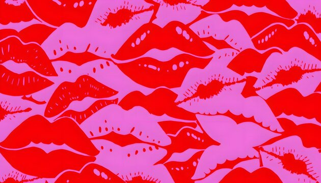 Romantic pop art lip print and kiss mark pattern in vibrant red and pink duotone, ideal for Valentine's Day party backdrop, love greeting card, and gift wrap.