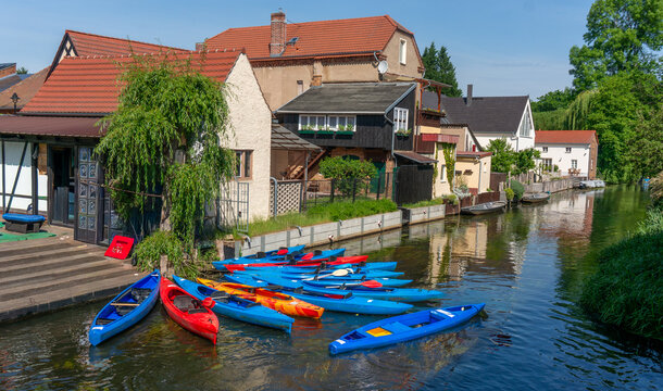 Many Canoes on the Spree River for Water Sports in the Spreewald, Brandenburg, Germany &ndash; Tourism Travel Concept