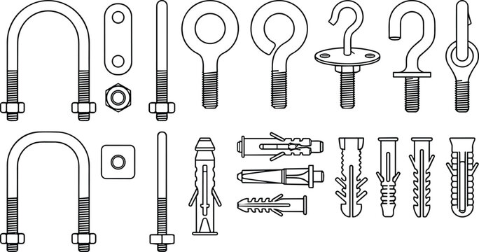 Mechanical Anchors, Eye Bolts, U Bolts and Fastener Hardware Vector Line Art Set