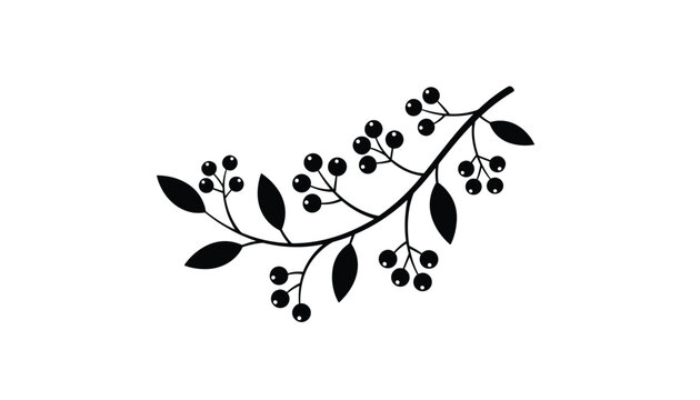 Elegant black silhouette of a curved tree branch with round berries and delicate leaves on a solid white background.