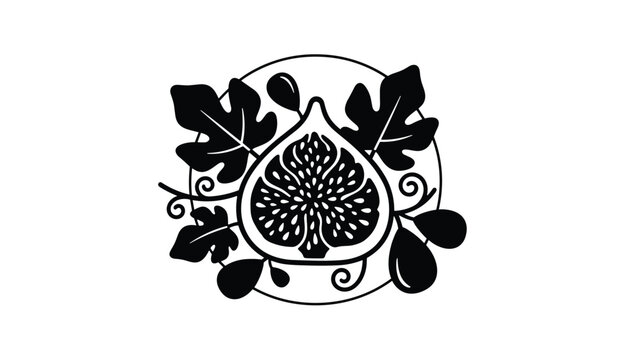 Artistic black and white woodcut style illustration of a sliced fig fruit surrounded by leaves and vines in a circular frame.