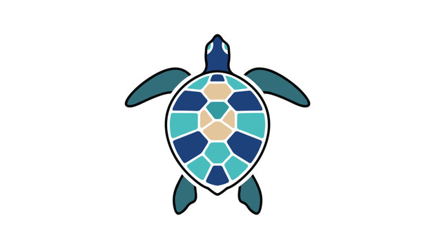 Top-down view of a sea turtle illustration showcasing a colorful shell patterned in blue, teal, and beige.