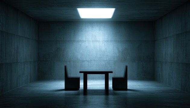 Stark interrogation room with table, chairs, and overhead light