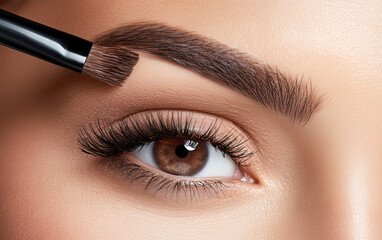 Naklejka premium Young woman correcting eyebrow shape with brush, closeup
