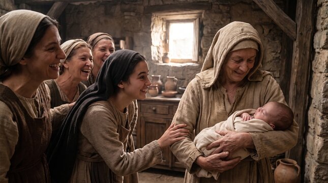 Saint Elizabeth holds sleeping newborn John the Baptist in her arms as joyful women laugh around her in a stone room in a Biblical scene.