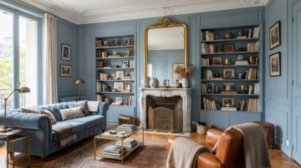 Obraz premium Elegant blue living room with classic furniture and ornate fireplace