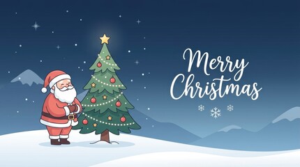 Obraz premium Cute Santa Claus and decorated Christmas tree under starry night sky
