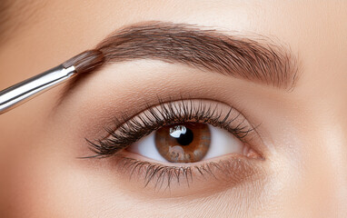 Naklejka premium Young woman correcting eyebrow shape with brush, closeup