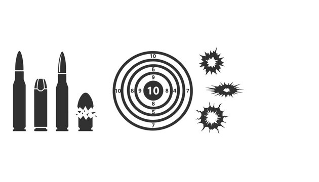 Bullets collection target and bullet hole splashes silhouette vector illustration isolated on white background.