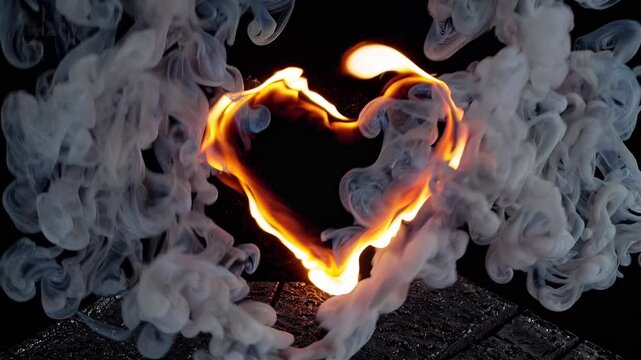 Heart shape formed by flames surrounded by swirling smoke against a dark background, showcasing the dynamic interplay of fire and vapor in a visually striking display