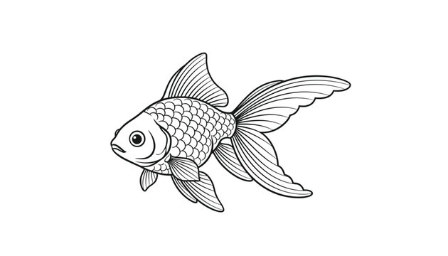 Elegant black and white line art illustration of a fancy goldfish with beautifully detailed flowing fins.