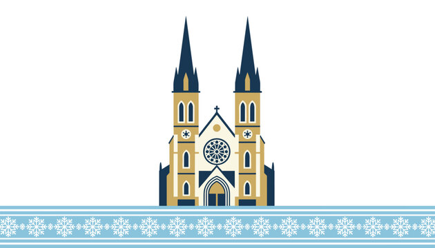 Golden and blue cathedral church with tall twin spires displayed over a decorative blue snowflake border.