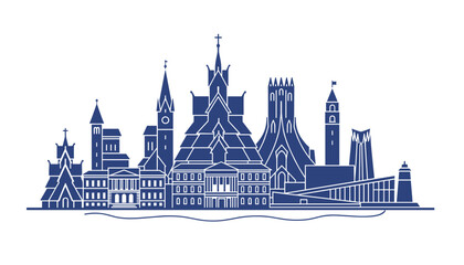 Fototapeta premium Scandinavian city skyline silhouette featuring historic stave churches and modern landmarks in dark blue on white background.
