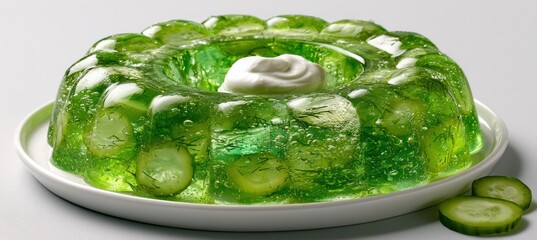 Obraz premium A cucumber dill gelatin ring with a cool translucent mint hue sits on a white plate for food service.