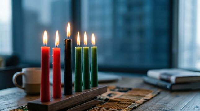 Kinara with lit candles on a table, symbolizing Kwanzaa celebration and unity