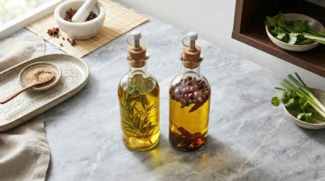 Infused oils in glass bottles with herbs, spices, and aromatics