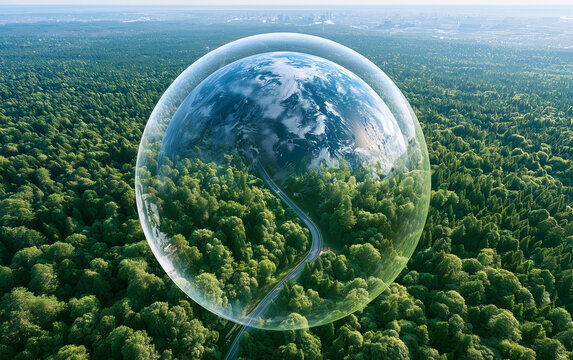 Save the planet. Aerial view of coniferous forest and planet Earth, double exposure