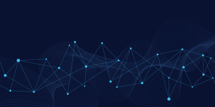 Abstract blue technology network background with connected nodes and flowing wave lines, Modern minimal digital communication vector backdrop for artificial intelligence, Data visualization