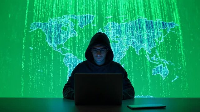 Anonymous hacker in hoodie working on laptop against glowing digital world map background with binary code streams