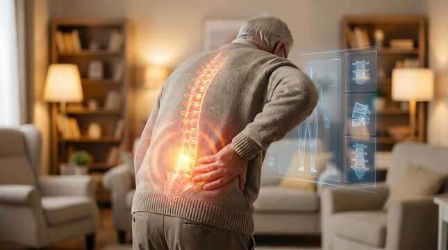 Elderly man with lower back pain, highlighted spine inflammation, representing spinal disc issues and arthritis affecting seniors, medical consultation for backache.